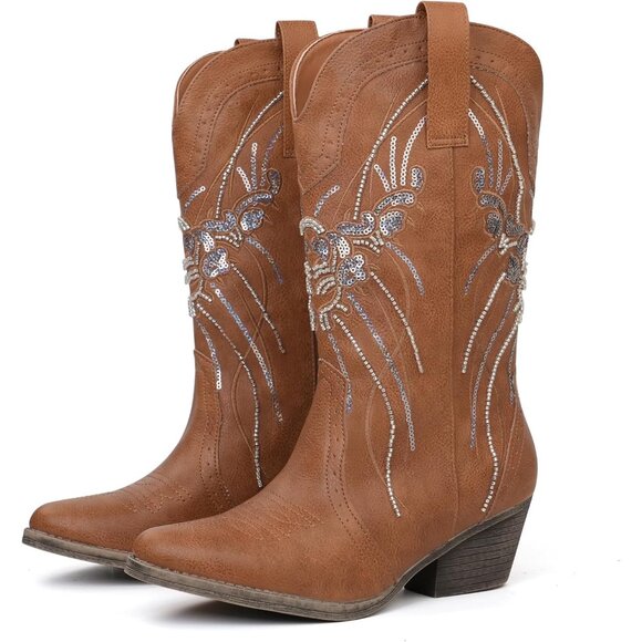 Jabasic Women Brown Mid Calf Pointed Toe Sequin Embroidered Chunky Cowgirl Boots - Picture 1 of 6